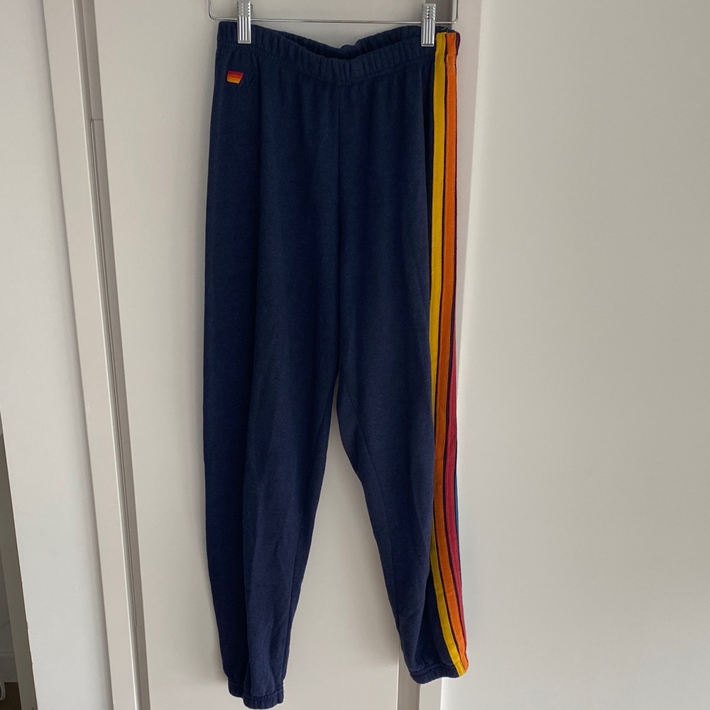 Aviator Nation Navy Track Joggers with Rainbow Side Stripes